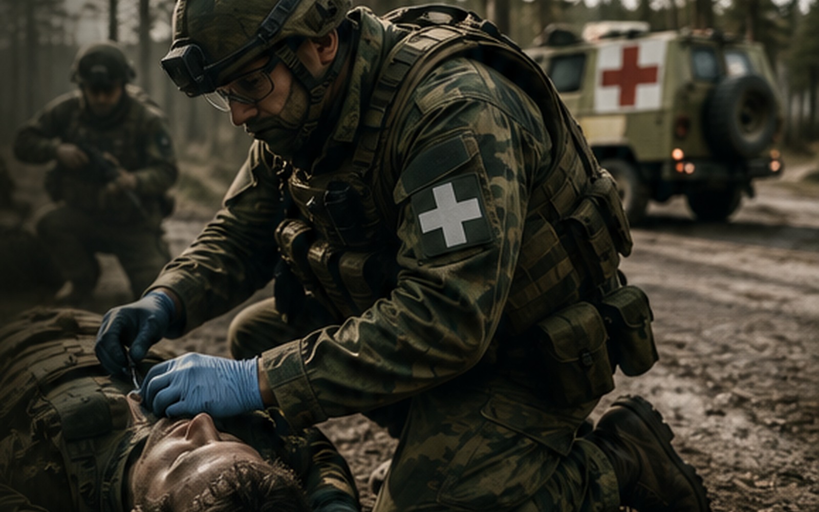 Militär sjukvårdspersonal under en övning i fält